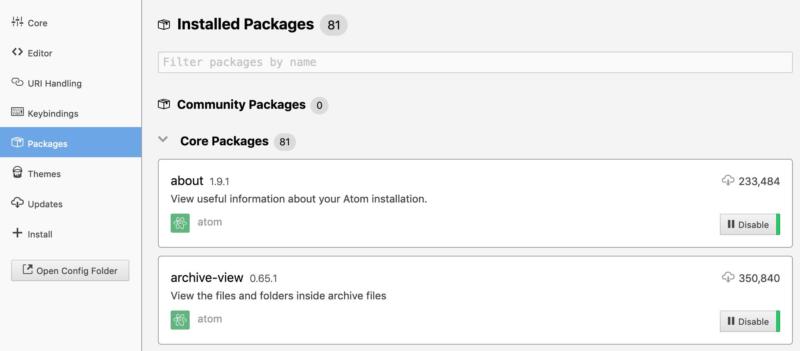 The Installed Packages page in the Atom code editor. 