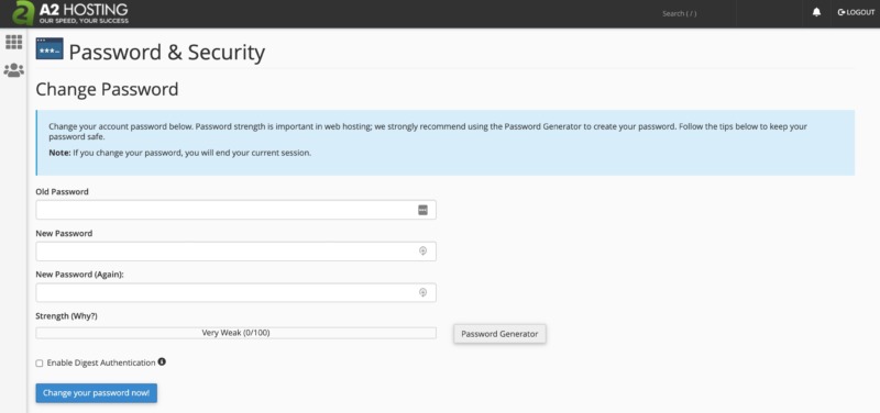 cPanel's password settings for your secure VPS.