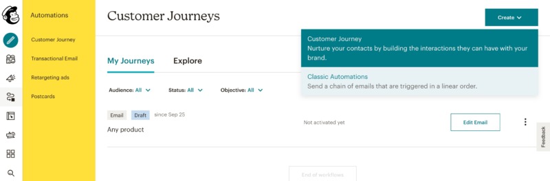 Mailchimp's Customer Journeys menu.