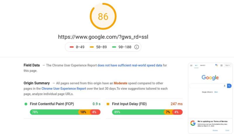 Results in Google PageSpeed Insights.