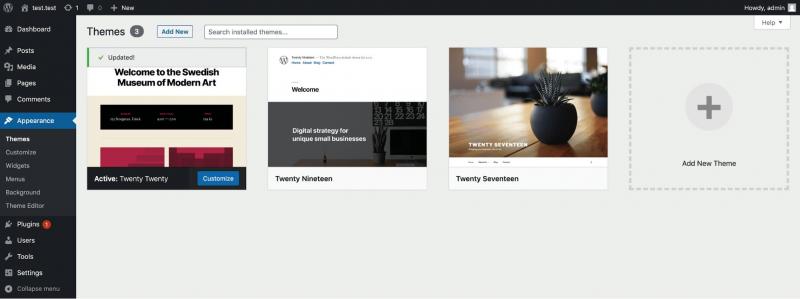 The WordPress dashboard themes screen.
