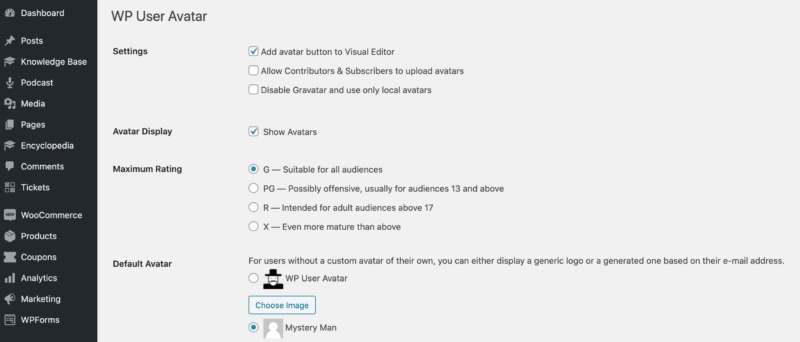 WP User Avatar settings.