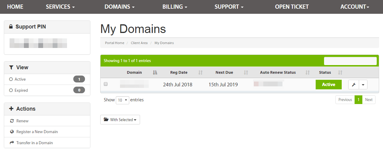 The My Domains section in the A2 Hosting customer portal.