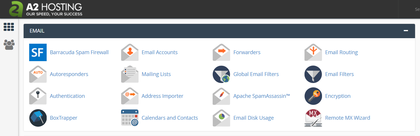 The A2 Hosting control panel email section.