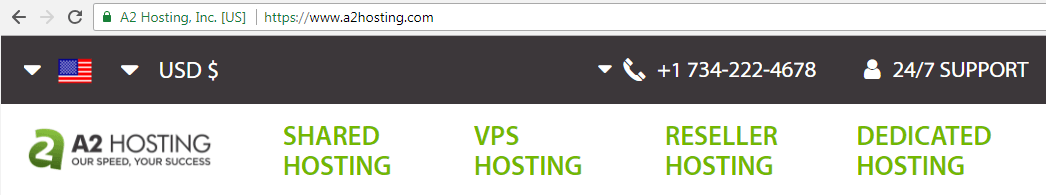 The A2 Hosting URL in a browser.