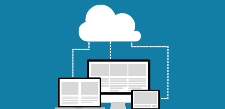 An illustration of computer screens linked by a cloud.