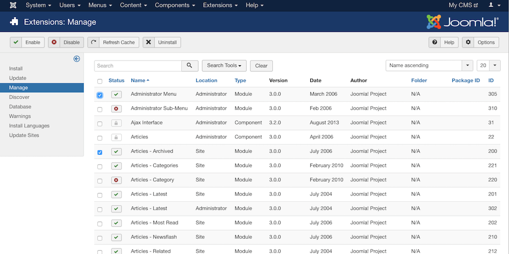 Disabling Joomla extensions.