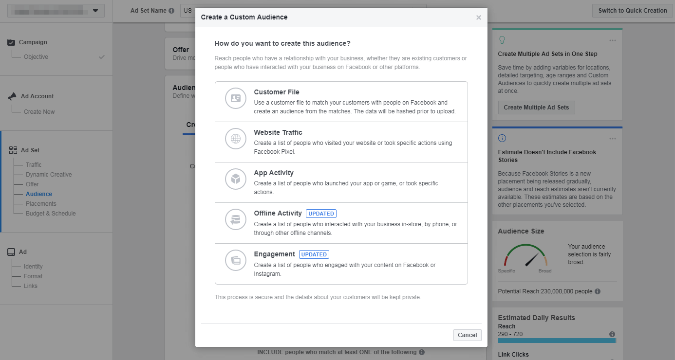 The Facebook Custom Audience options.