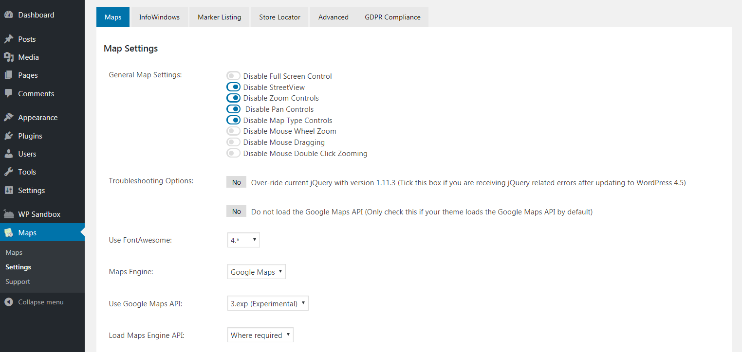 The WP Google Maps plugin settings.