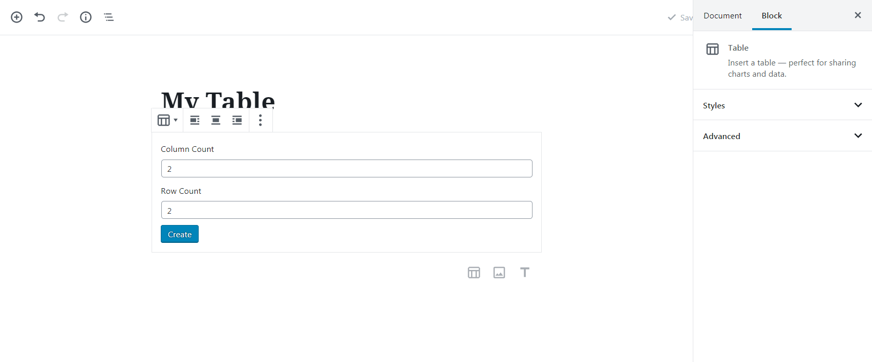 Creating a table in Gutenberg.