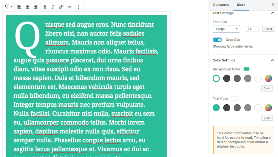 Editing a text block in Gutenberg.