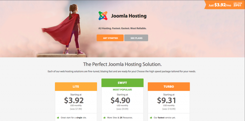 Joomla hosting plans on A2 Hosting.