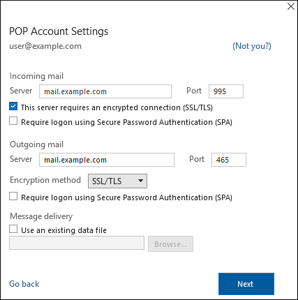 Outlook 365 - POP Account Settings dialog box