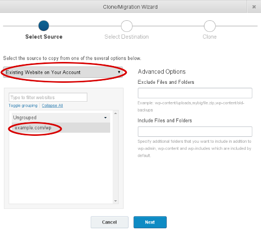 ManageWP - Clone - Select Source