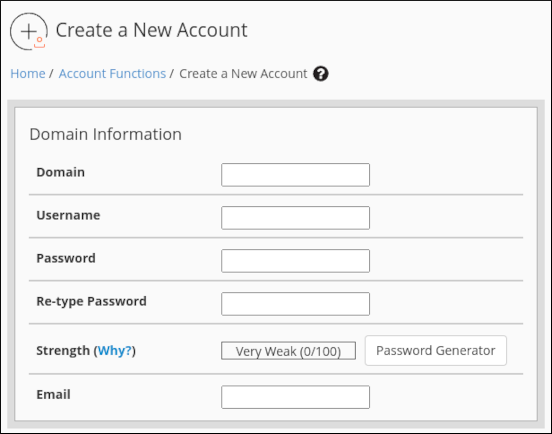 WHM - Create a New Account page