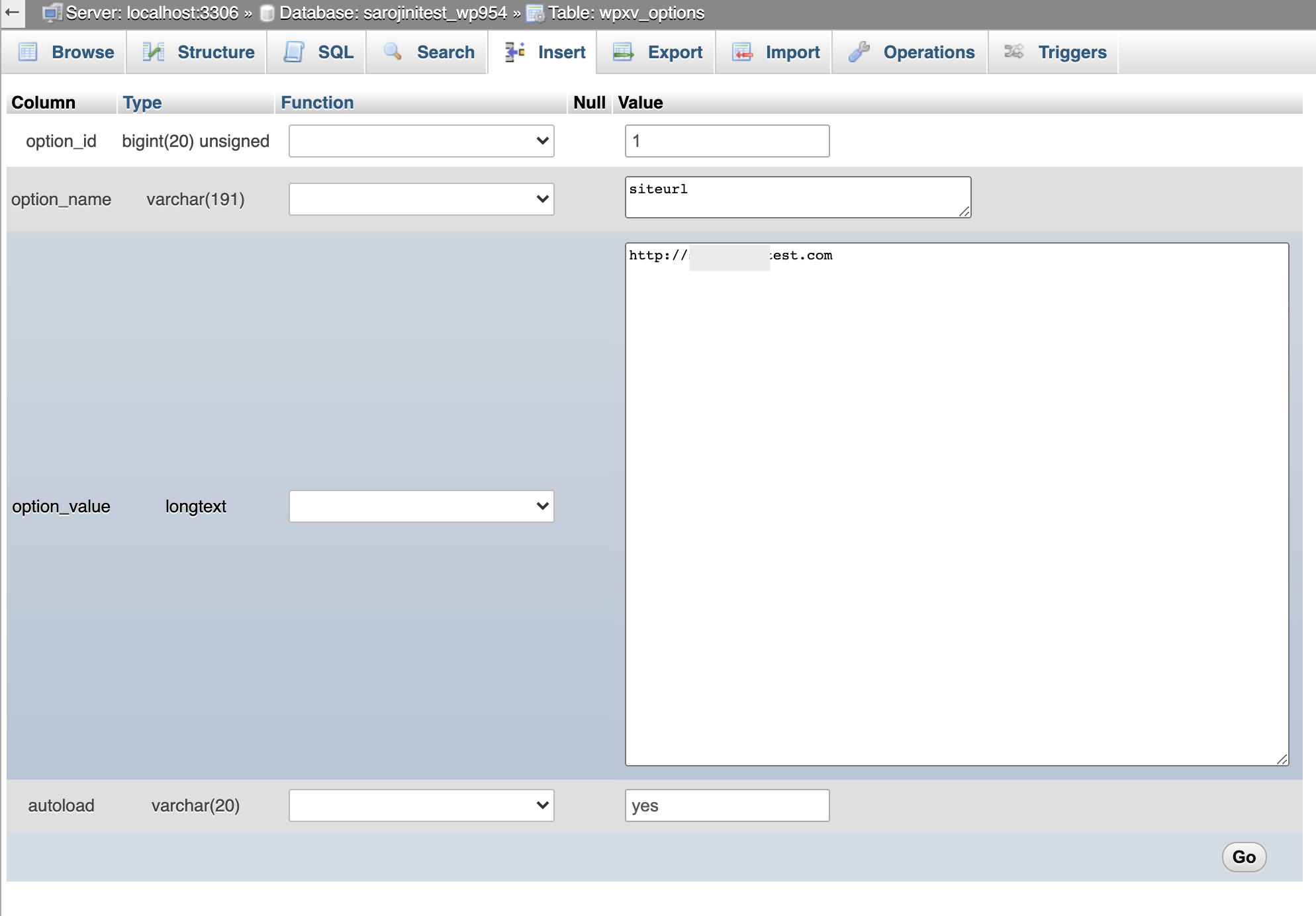 phpMyAdmin - Edit home value