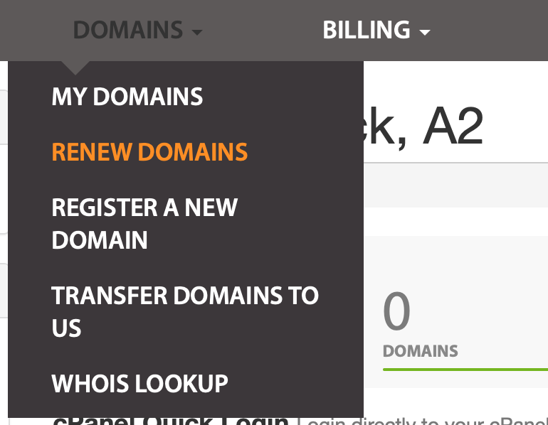 The Renew Domains menu.