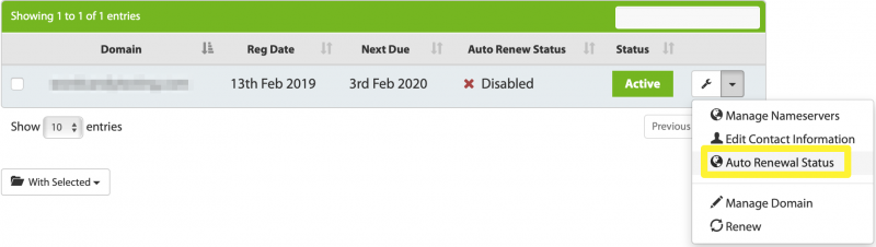 The My Domains page, highlighting where to select the Auto Renewal Status option.