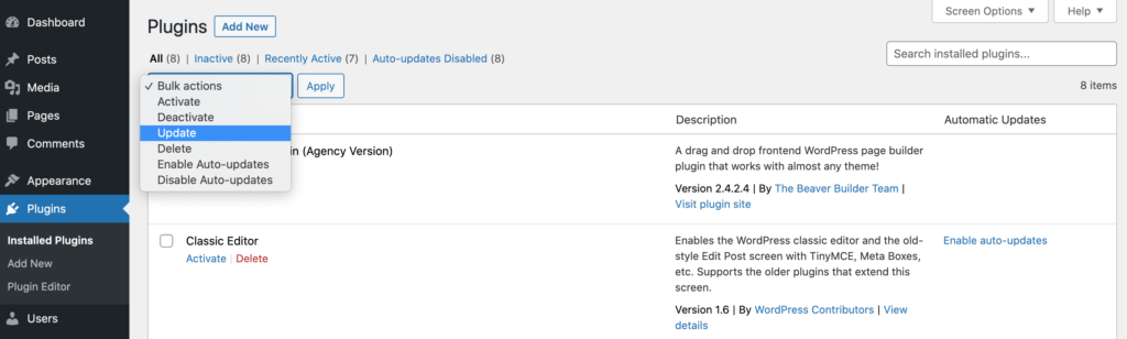 The WordPress Bulk Actions plugin dropdown.