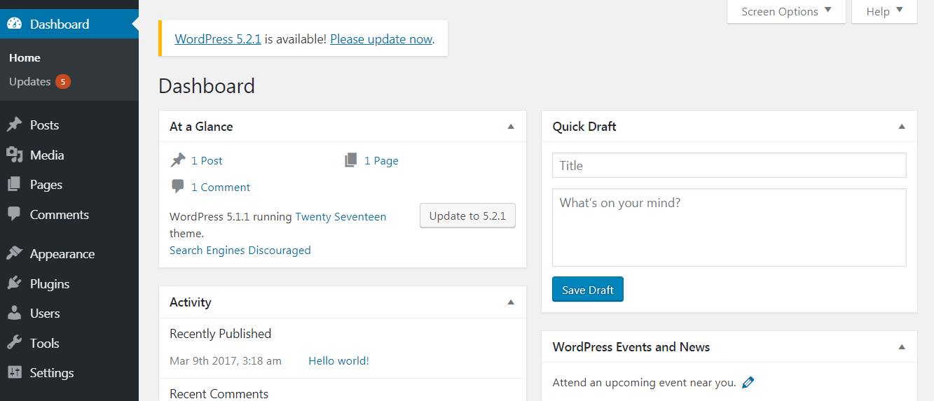 A WordPress update notification.