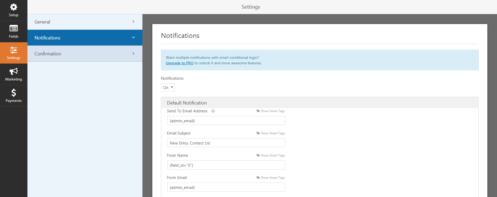 The WP Forms notifications settings.
